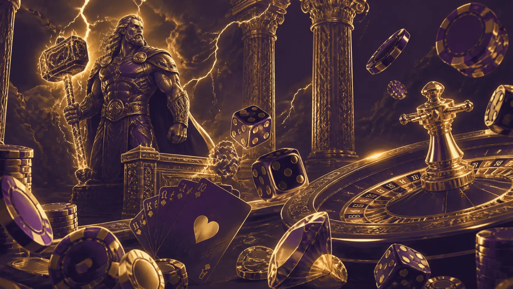 Luxurious Thorfortune casino banner with glowing elements and dynamic composition, featuring poker chips, cards, and dice in 