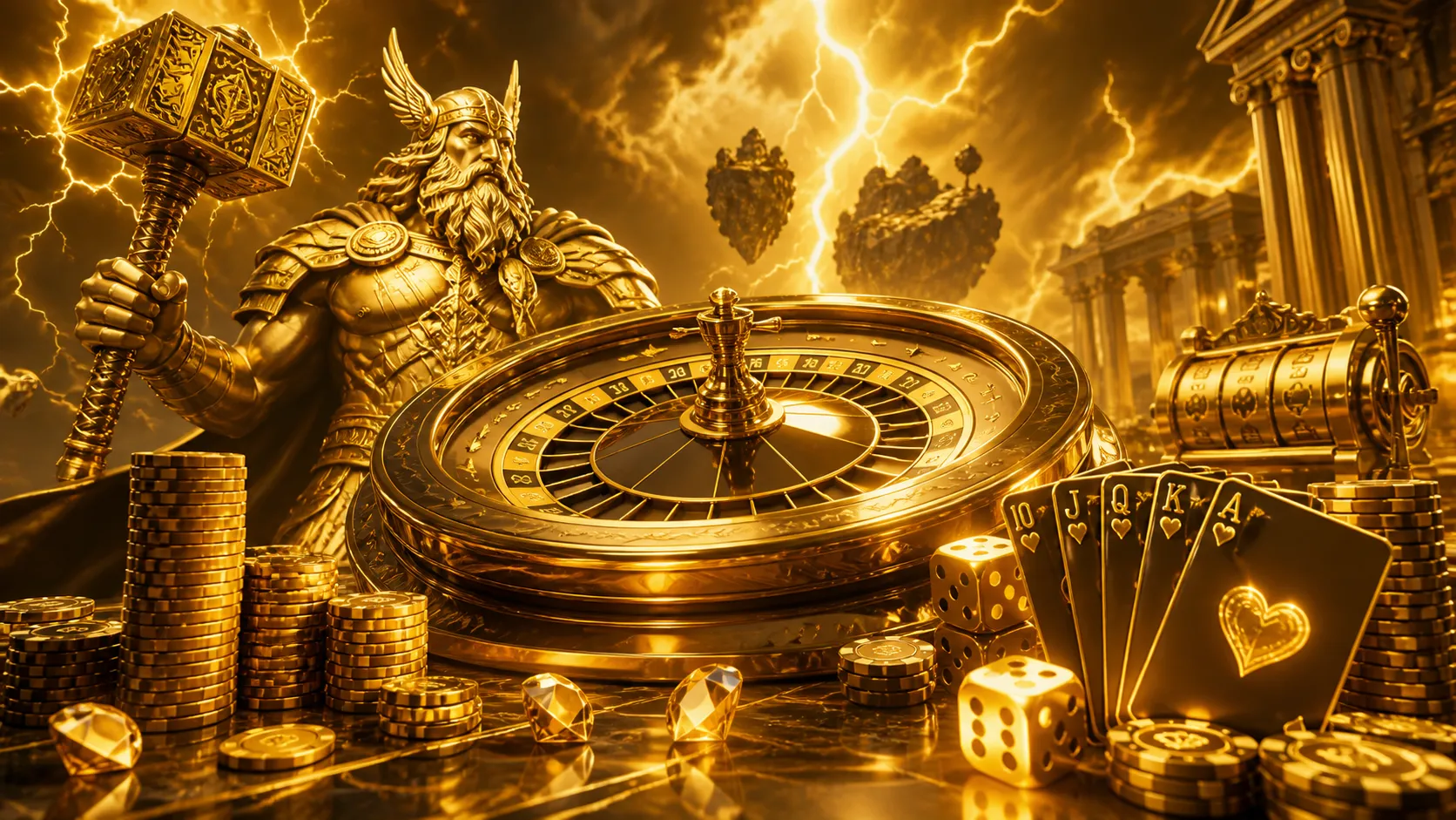 Cinematic Thor-themed luxury casino banner with glowing neon accents, featuring stylized poker chips, playing cards, and dice